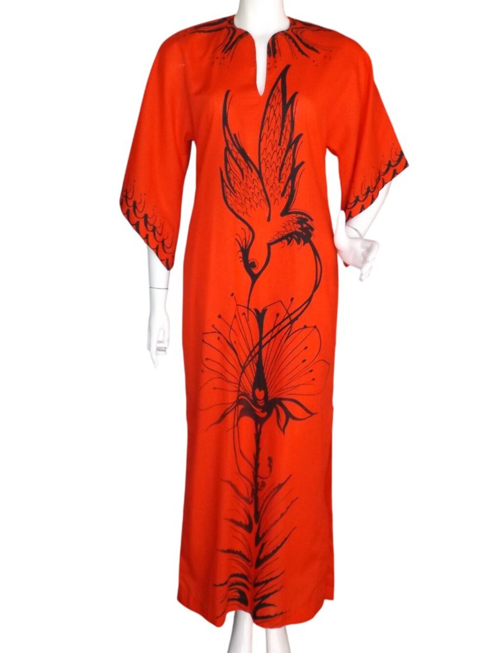 SUN ISLAND Hawaiian Dress, S, Kimono Maxi, Screen Print Bird/Floral, Side vent